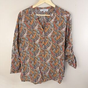 Grand & Greene Women's Orange Blue Paisley Boho Henley Blouse Long Sleeve